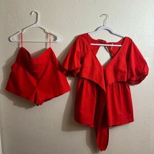 Free People Red Balloon Sleeve Open Back Top & Shorts Set | Size Medium |
